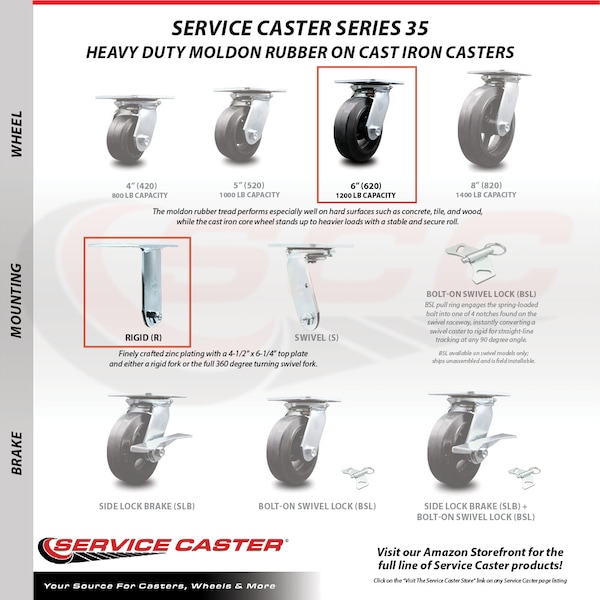 6 Inch Rubber On Steel Caster Brakes/Swivel Locks And 2 Rigid SCC, 2PK